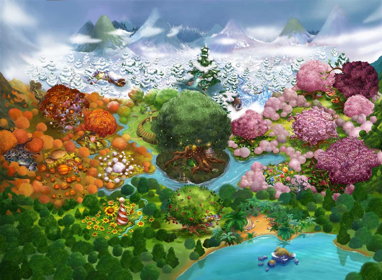 A map of Pixie Hollow, with meadows for spring, summer, autumn and winter around the Pixie Dust Tree
